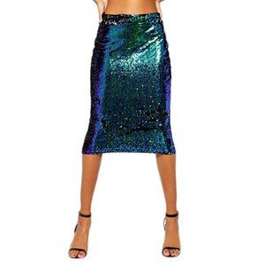 Bodycon Pencil Sequins Midi Shiny Flare Skirt - Mermaid